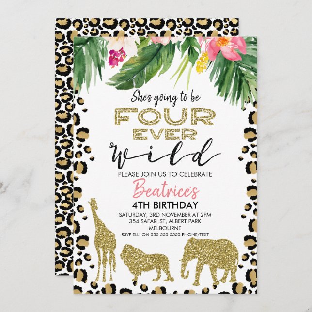 Cheetah Skin Four Ever Wild Birthday Einladung (Vorne/Hinten)