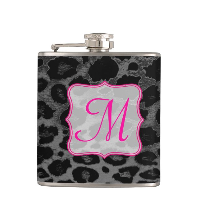Cheetah Spot Animal Print Monogram Whiskey Flask Flachmann (Vorderseite)
