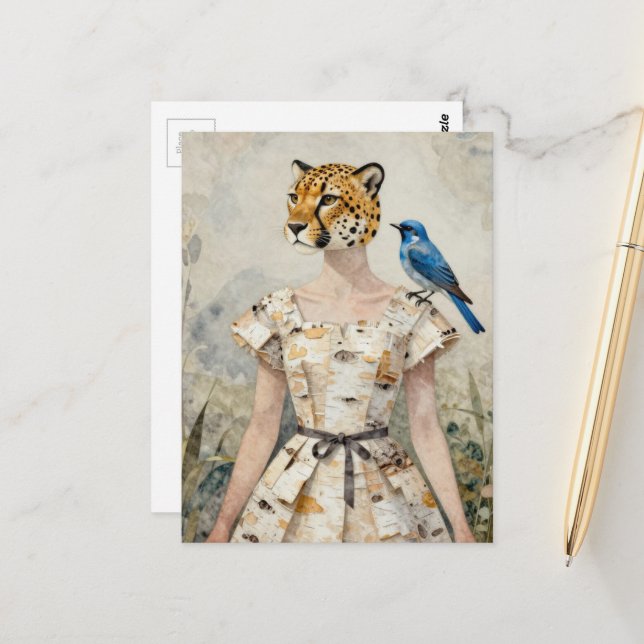 Cheetah Woman in a Birch Bark Dress Fashion  Postkarte (Vorderseite/Rückseite Beispiel)