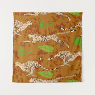 Cheetahs-Blätter: Vintage Grafik nahtlos Wandteppich