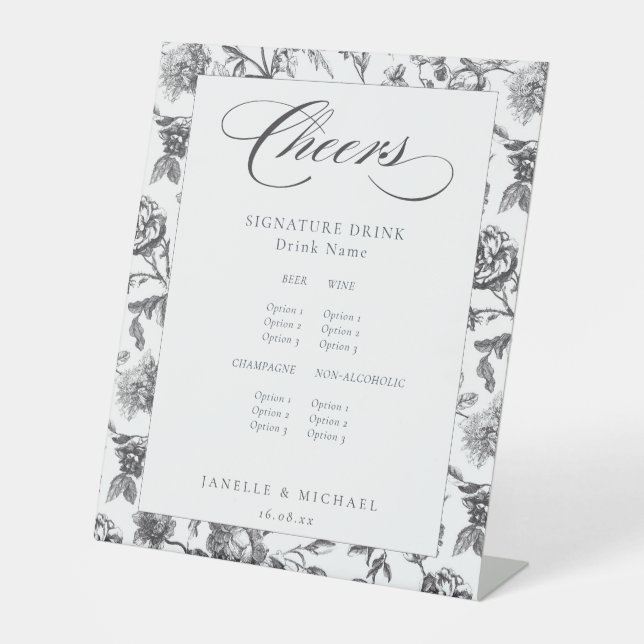 Chef Black & White Antique Toil Wedding Bar Menu Sockelschild (Vorderseite)