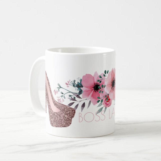 Chef-Dame| Chic-BlumenRosen-GoldGlitzer-Schuhe Tasse (Vorderseite Links)