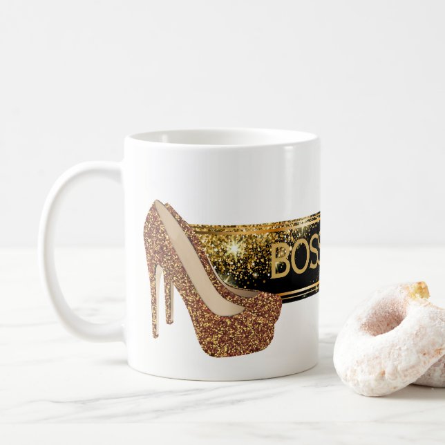 Chef-Dame| Chic-Schwarz-GoldGlitzer-hoher Heels Kaffeetasse (Mit Donut)