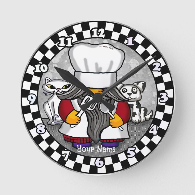 Chef gnome  runde wanduhr (Vorderseite)