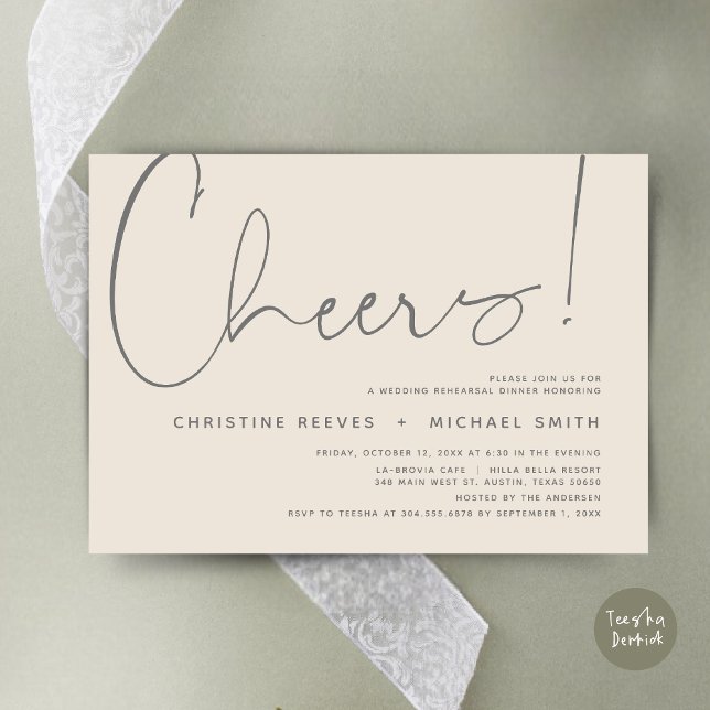 Chef, Hochzeit Probe Dinner Einladung (Cheers, Wedding Rehearsal Dinner Invitation Card, PDF, Modern Minimalist, in Dark Grey Cream)