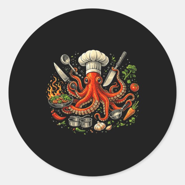 Chef Krake Krake lustig kochen Sous-Chef Koch Runder Aufkleber (Vorderseite)