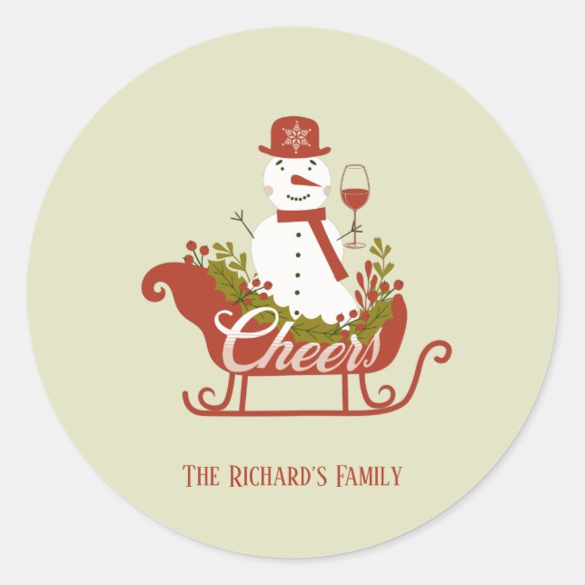 Chef Snowman mit Wein und Schlitten Weihnachten Runder Aufkleber (Vorderseite)