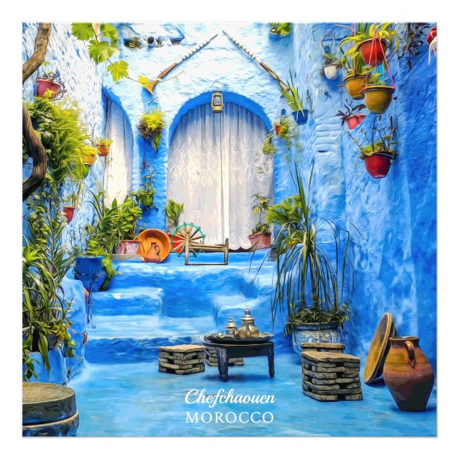 Chefchaouen Blue City Marokko Ölgemälde Boho Fotodruck (Vorne)