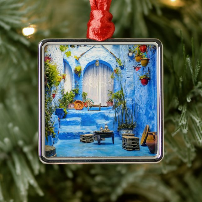 Chefchaouen Blue City Marokko Ölgemälde Boho Ornament Aus Metall (Baum)