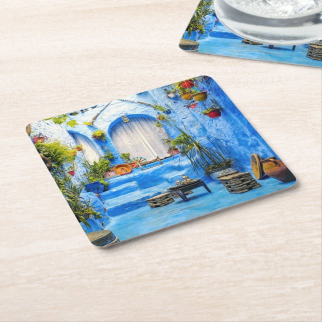 Chefchaouen Blue City Marokko Ölgemälde Boho Rechteckiger Pappuntersetzer (angewinkelt)