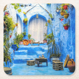 Chefchaouen Blue City Marokko Ölgemälde Boho Rechteckiger Pappuntersetzer