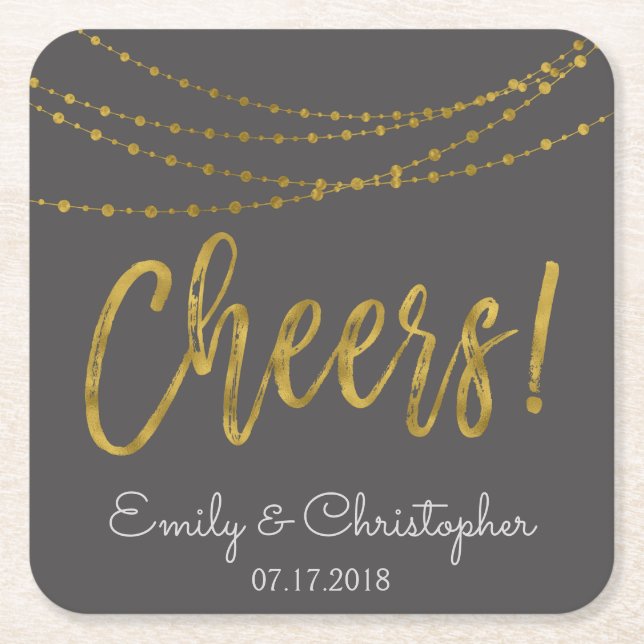 Chekohle Gray and Gold Foil String Lights Rechteckiger Pappuntersetzer (Vorderseite)