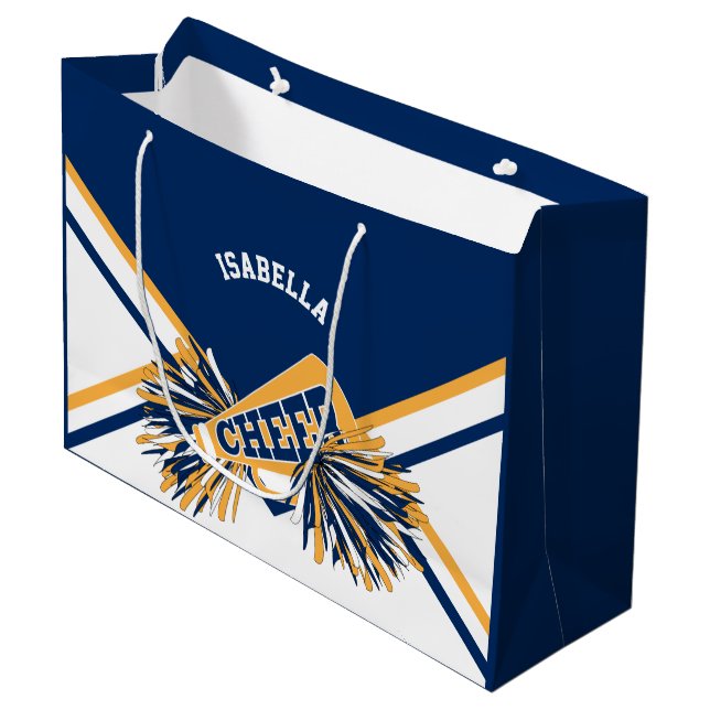 Cheleader 📣 - Navy Blue, Gold, White Große Geschenktüte (Vorderseite Schrägansicht)