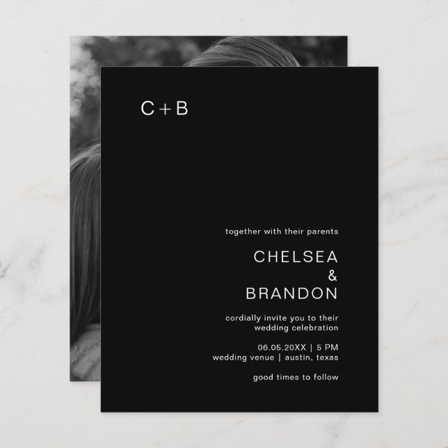 Chelsea Black Modern Wedding Einladung (Vorne/Hinten)