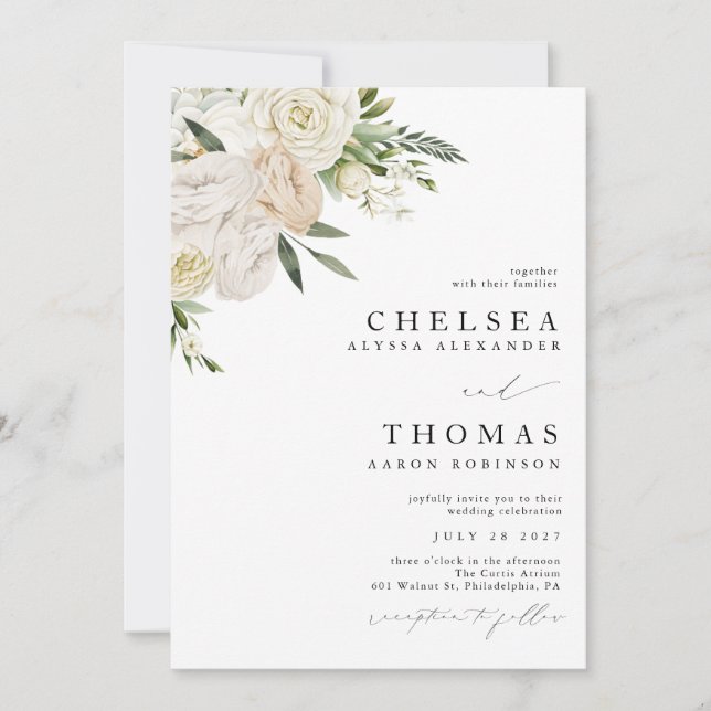 CHELSEA Watercolor White Blooms Wedding Invitation Einladung (Vorderseite)