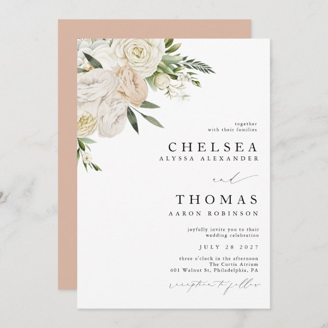 CHELSEA Watercolor White Blooms Wedding Invitation Einladung (Vorne/Hinten)