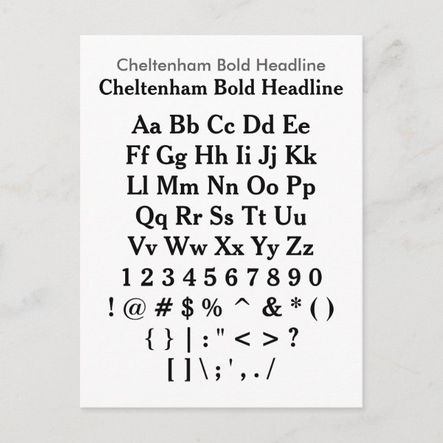 Cheltenham Bold Headline - Zazzle Schriftart Sampl Postkarte (Vorderseite)