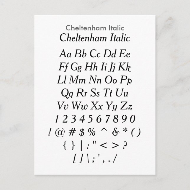 Cheltenham Italic - Zazzle-Schriftart-Musterblatt Postkarte (Vorderseite)