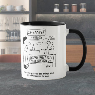 Chemist verkauft peinliche Produkte. Apothekerin Tasse
