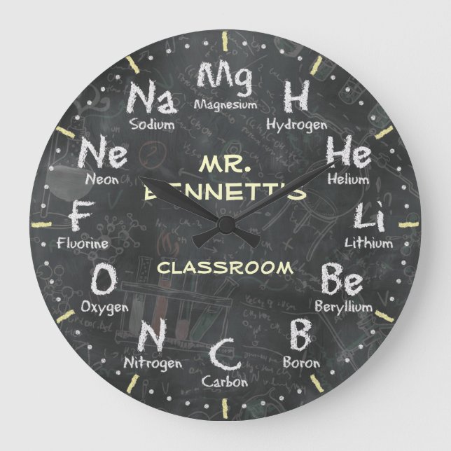 Chemistry Science Chalkboard Personalizable Clock Große Wanduhr (Vorderseite)