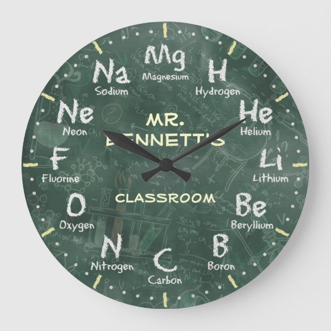 Chemistry Science Chalkboard Personalizable Clock Große Wanduhr (Vorderseite)