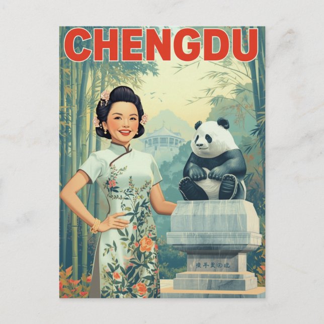 Chengdu China Panda Statue Vintage Travel Postkarte (Vorderseite)