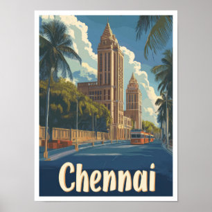 Chennai India Art Vintage Reise Illustration Poster