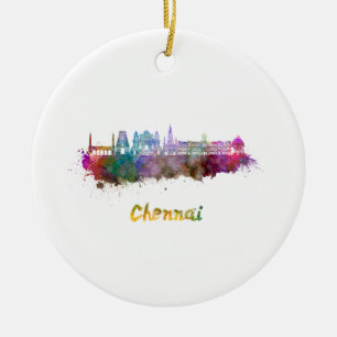 Chennai Skyline in Aquarellfarbe Keramik Ornament