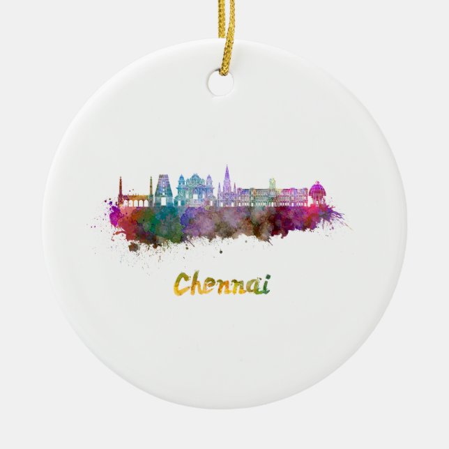 Chennai Skyline in Aquarellfarbe Keramik Ornament (Vorne)