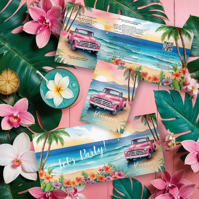 Cherish Cute Pink Van Floral Beach Bachelorette Dreifach Gefaltete Einladung (Cherish Cute Pink Van Floral Beach Bachelorette Weekend Tri-Fold Invitations Cards and Plans.)