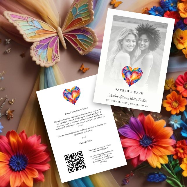 Cherish Modern Pride Rainbow Heart Photo Wedding Save The Date (Cherish Modern Pride Rainbow Colors Heart Photo Wedding with Transparency Save the Dates Cards.)