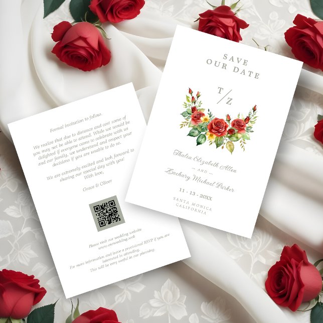 Cherish Spring Floral Red Garland Wedding Initials Save The Date (Cherish Cute Spring Floral Red Garland Wedding Initials Save de Dates Cards.)