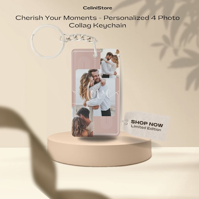 Cherish Your Moments - Personalisiert 4 Foto Colla Schlüsselanhänger (Personalised Photo Keyring, Custom Keychain, Personalised Keyrings Anniversary Gift Boyfriend Girlfr)
