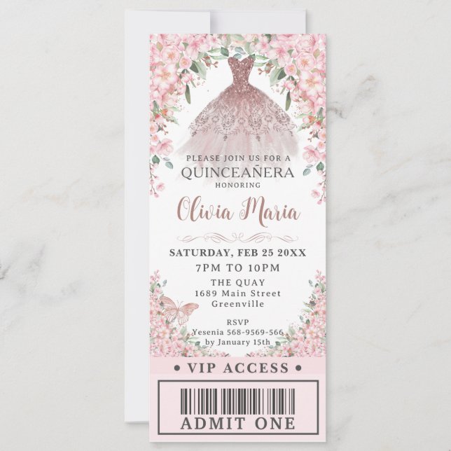 Cheroms Blush Dress Quinceañera VIP Ticket Einladung (Vorderseite)