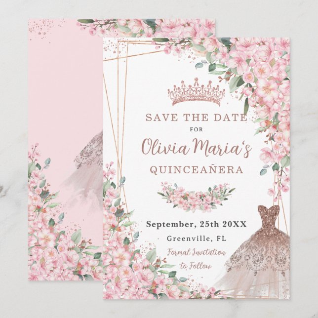 Cheroms Rose Gold Dress Gown Quinceañera Save The Date (Vorne/Hinten)