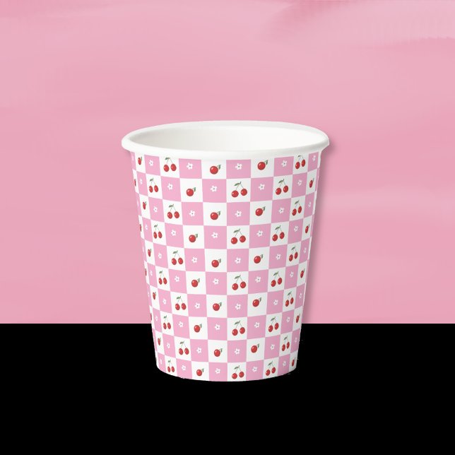 Cherrie , Little Blume , Pink White Paper Cup Pappbecher (Cute summer party white and pink paper cups with the pattern of cherries and little flowers . )