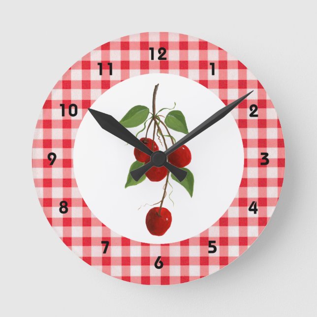 Cherries And Gingham Wall Clock Runde Wanduhr (Vorderseite)