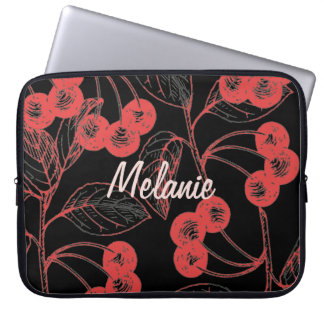 Cherries and Leaves Red on Black Personalised Laptopschutzhülle