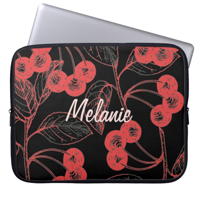Cherries and Leaves Red on Black Personalised Laptopschutzhülle (Vorderseite)