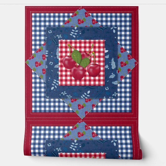 Cherries Denim und Gingham Karo Hütte Quilt Tapete (Abrollen)