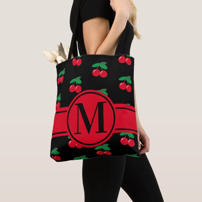 Cherries Frucht rotes Muster Monogram Black (Von Nahem)