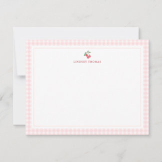 Cherries Pink Gingham Border Personalized Mitteilungskarte