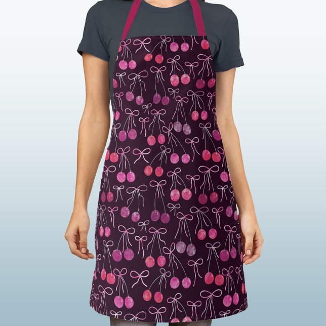 Cherries Ribbons and Bows Watercolor Pattern Dunke Schürze (Watercolor cherries, ribbons and bows pattern black cherry apron)