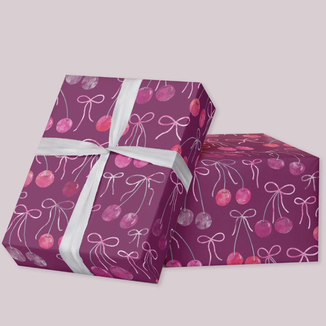 Cherries Ribbons and Bows Watercolor Pattern Geschenkpapier (Cherries, ribbons and bows gift wrapping paper roll)