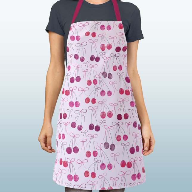 Cherries Ribbons and Bows Watercolor Pattern Pink Schürze (Cherries, ribbons and bows pink watercolor pattern apron)