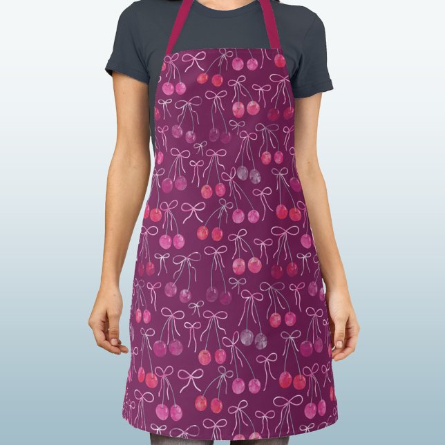 Cherries Ribbons and Bows Watercolor Pattern Schürze (Watercolor cherries, ribbons and bows pattern black cherry apron
)