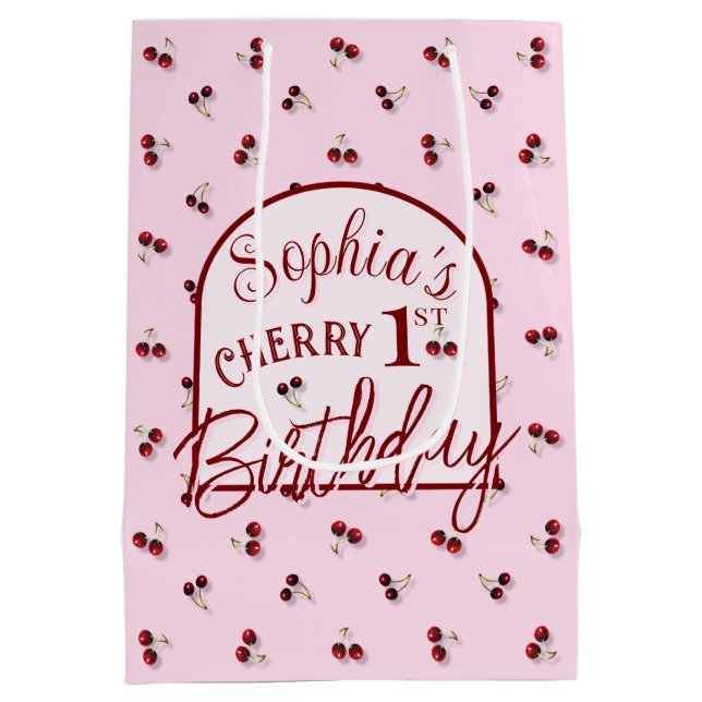 Cherries Theme First Birthday Geschenktasche Mittlere Geschenktüte (Rückseite)