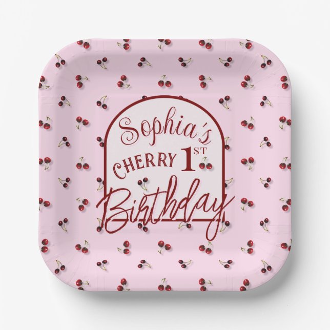 Cherries Theme First Birthday Paper Plate Pappteller (Vorderseite)