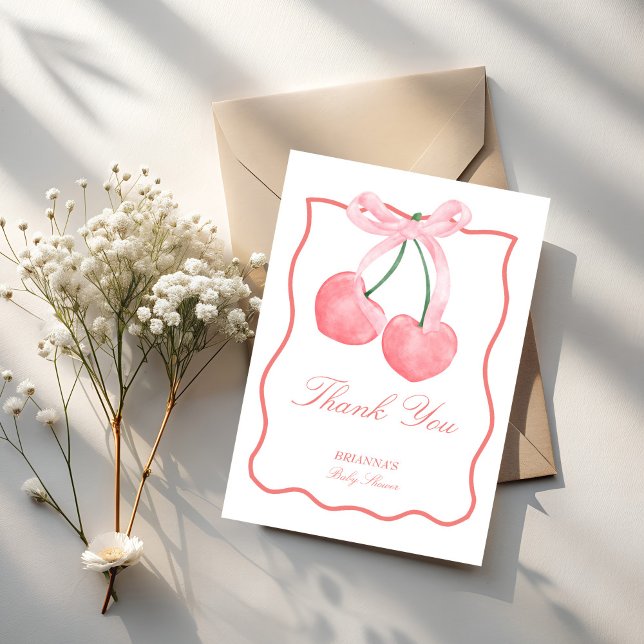 Cherrosa Coquette Babydusche Dankeskarte (Cherry pink coquette baby shower thank you cards pastel pink wavy border thank you cards)