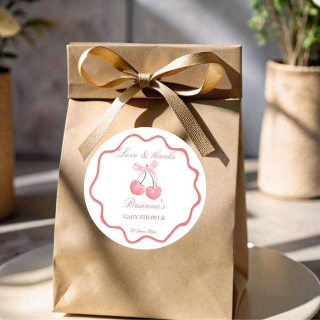 Cherrosa Coquette Babydusche Gefallen Runder Aufkleber (Cherry pink coquette baby shower favor stickers personalized thank you favor stickers)